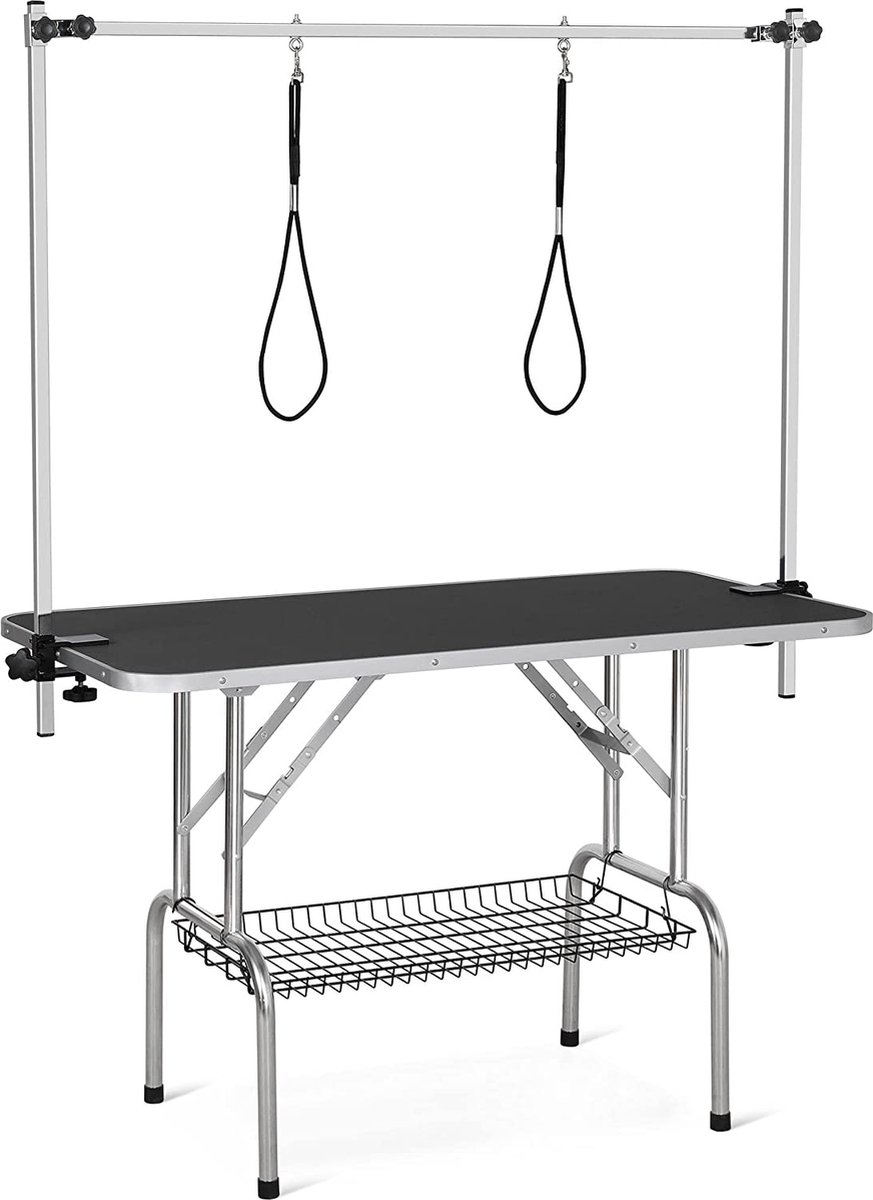 Trimtafel, dierenverzorgingstafel, verzorgingstafel met ondermand, 2 lussen, inklapbaar, zwart, 118 x 60,9 x 177 cm HMTM-TT-10027-BLACK