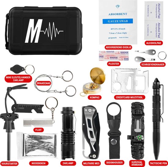 Mvolo Noodpakket – Survival Kit – Outdoor – Survival Kit Outdoor – Survival Mes – Zaklamp – 18-Delig