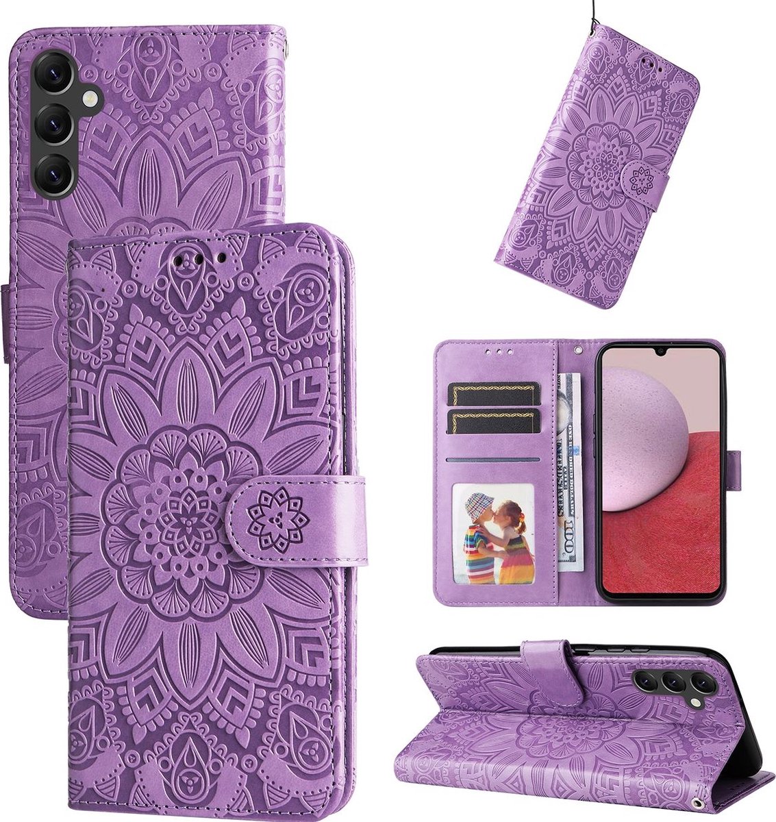 Mobigear Telefoonhoesje geschikt voor Samsung Galaxy A14 Hoesje | Mobigear Sunflower Bookcase Portemonnee | Pasjeshouder voor 3 Pasjes | Telefoonhoesje voor Pinpas / OV Kaart / Rijbewijs - Paars