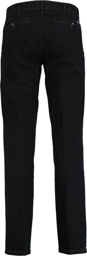 Achterkant van een donkerblauwe chino met een effen voering.