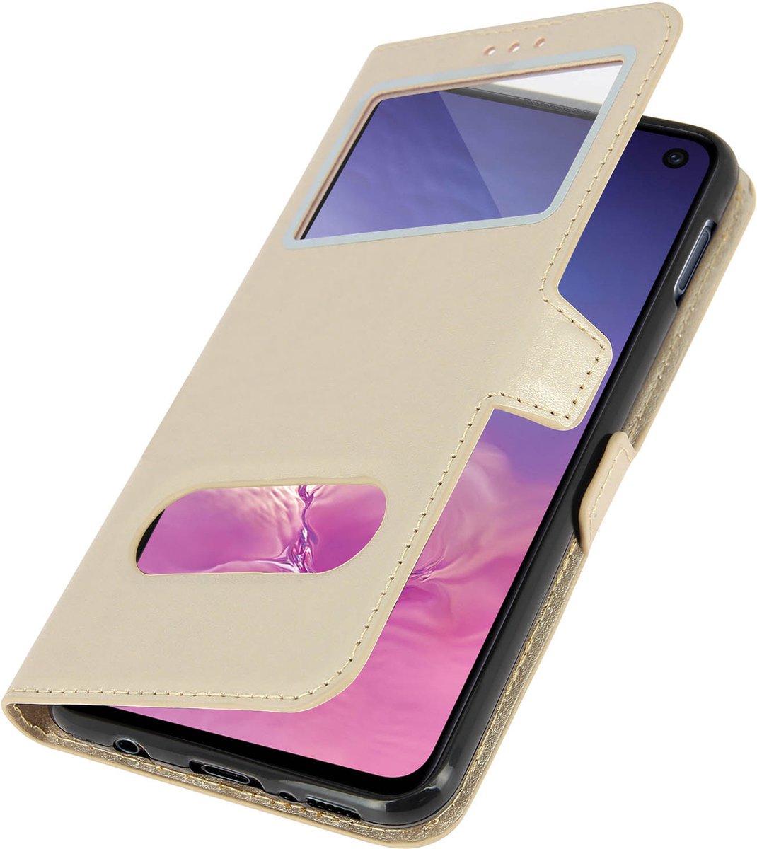 Avizar Foliohoes Geschikt voor Samsung Galaxy S10e goud met dubbel venster, Goud