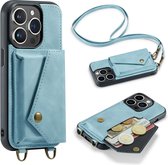 Casemania Hoesje Geschikt voor Apple iPhone 14 Pro Max Aqua Blue - Luxe Back Cover met Koord - Wallet Case - Pasjeshouder