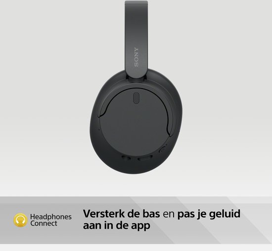 Zwarte Sony WH-CH720N koptelefoon, bovenaanzicht. 'Versterk de bas en pas je geluid aan in de app'.