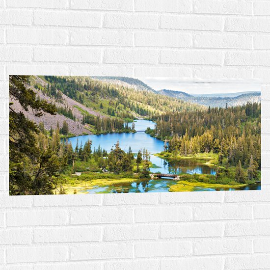 Foto: Muursticker felblauwe rivier tussen landschap met groene bomen 100x50 cm foto op muursticker