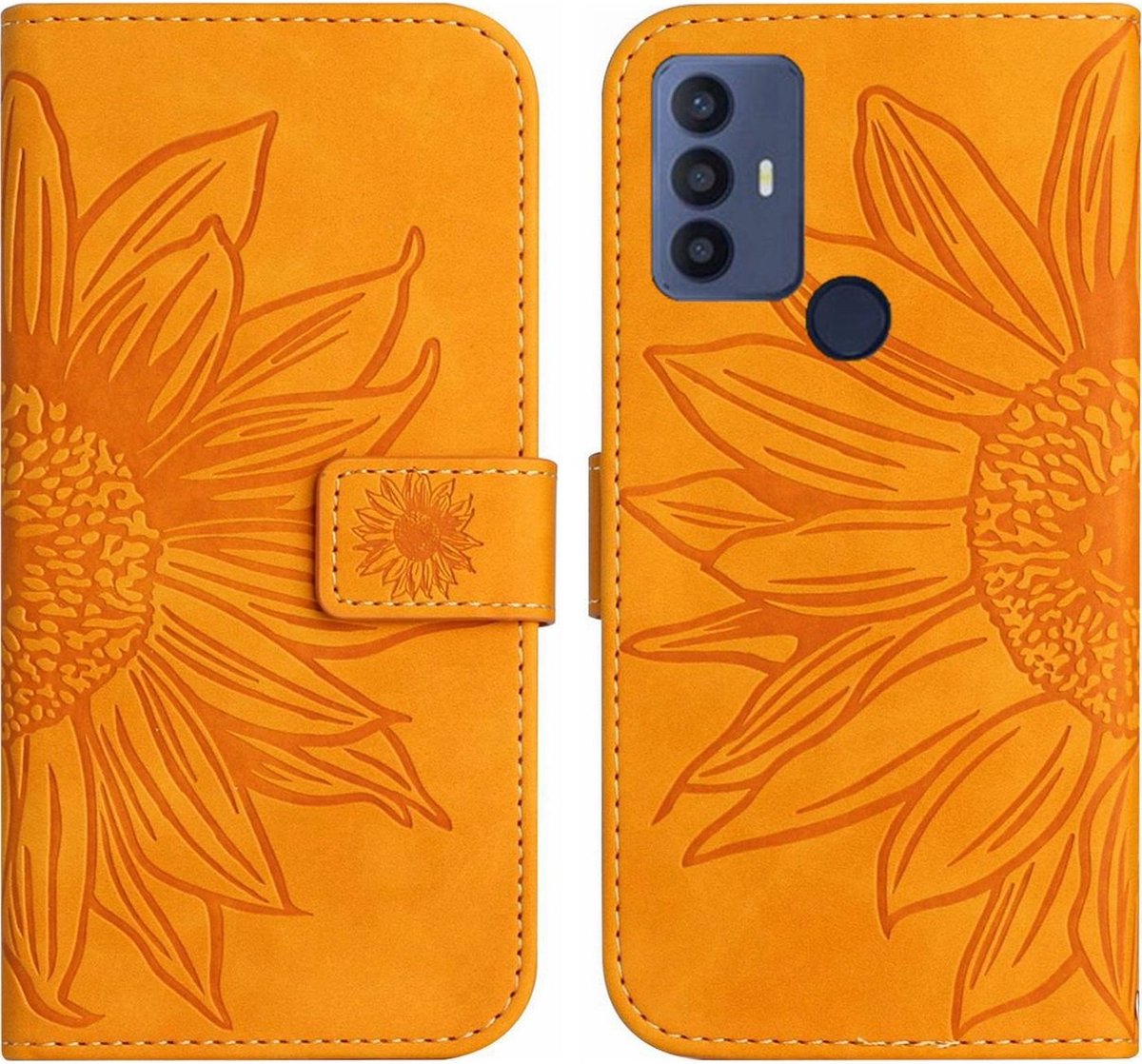 Mobigear Telefoonhoesje geschikt voor TCL 30E Hoesje | Mobigear Sunflower Bookcase Portemonnee | Pasjeshouder voor 3 Pasjes | Telefoonhoesje voor Pinpas / OV Kaart / Rijbewijs - Cognac