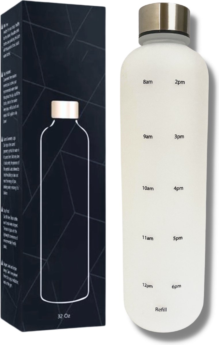 Designed on 45th | Drinkfles | Drinkfles 1 liter | Waterfles met tijdmarkering | Mat Wit | Herbruikbaar | Zilveren dop