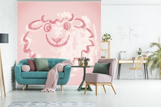 Une illustration d'un mouton dans une fotobehang rose