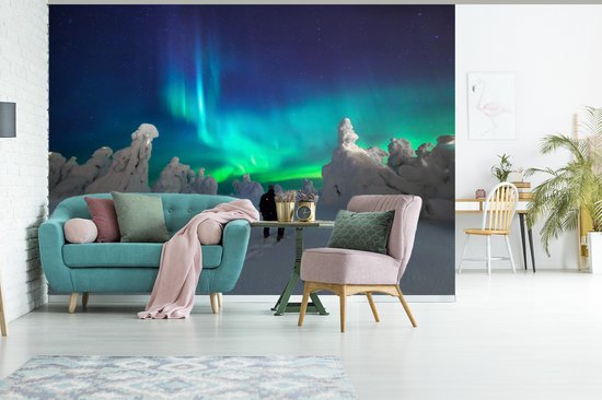 Papier peint photo peint vinyle - Admirateur solitaire des aurores boréales largeur 375 cm x hauteur 300 cm - Tirage photo sur papier peint (disponible en 7 tailles)