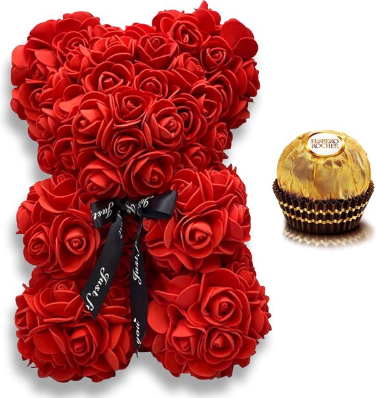 Rose Bear - Rose Teddy Bear - Rose Bear - Saint Valentin - Ours en peluche - 25cm - Y compris coffret cadeau de Luxe - Ferrero Rocher Chocolat 8 pièces - Rouge