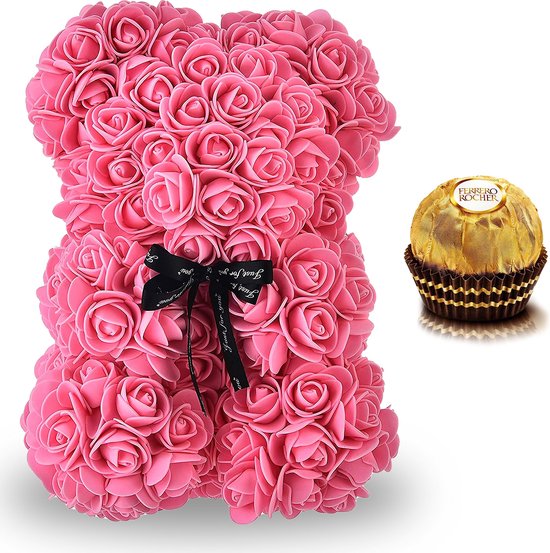 Rozen Beer - Rozen Teddybeer - Rozenbeer - Valentijnsdag - Knuffelbeer - 25cm - Inclusief Luxe Giftbox - Ferrero Rocher Chocolade 8 stuks - Roze