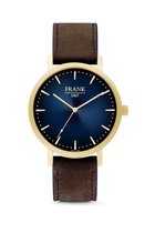 Frank 1967 7FW 0025 Metalen Horloge met Bruine Leren Band -Doorsnee 42 mm - Blauw/ Goudkleurig