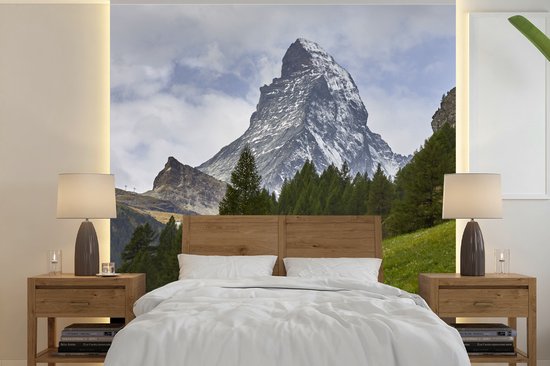 Behang - Fotobehang De Zwitserse Matterhorn achter een dennenbos - Breedte 220 cm x hoogte 220 cm