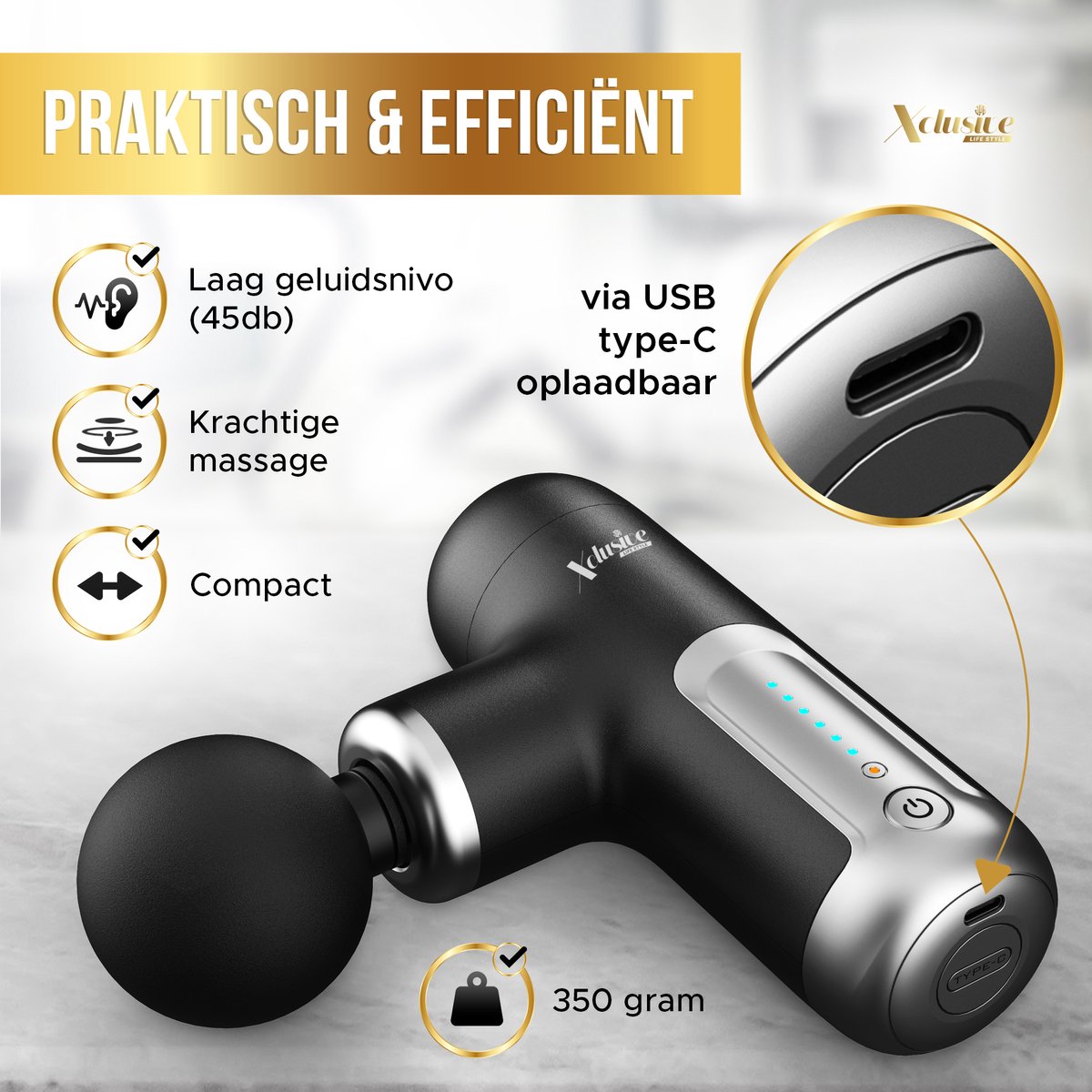 Afbeelding 2 van Xclusive-lifestyle® Massage Gun – Krachtig en Uiterst Stil Massage Pistool voor Spierherstel, Pijnverlichting en Ontspanning - 6 Intensiteitsstanden - 4 Massagekoppen – Draagbaar en Compact - Oplaadbaar