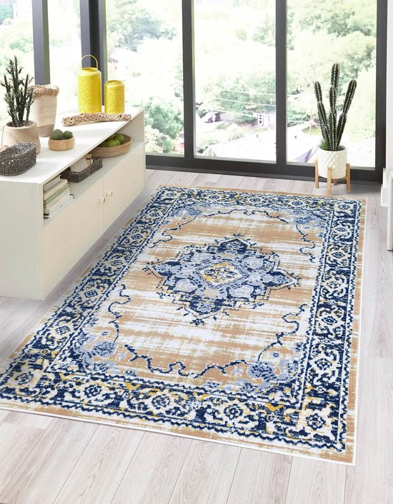 Flycarpets Sarande Vloerkleed Vintage Beige Geel Blauw 