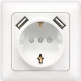 Wandcontactdoos - Inbouw - 1-voudig Stopcontact - 2-voudig USB Aansluiting - Randaarde - Incl. Afdekraam - Wit