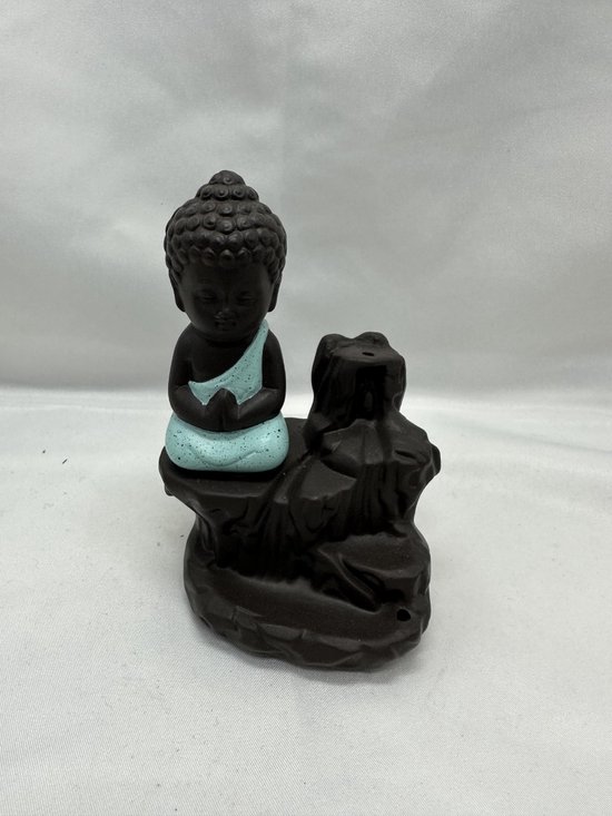 Decoratieve Boeddha op rots wierrookhouder - turkoois - hoogte 12 cm x 9 x 6 cm - polyresin - Woonaccessoires - Decoratieve beelden - Wierrookhouder