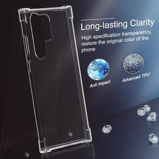 Coque transparente pour Samsung Galaxy S23 Ultra. Montre les caractéristiques anti-impact et 'Advanced TPU'.