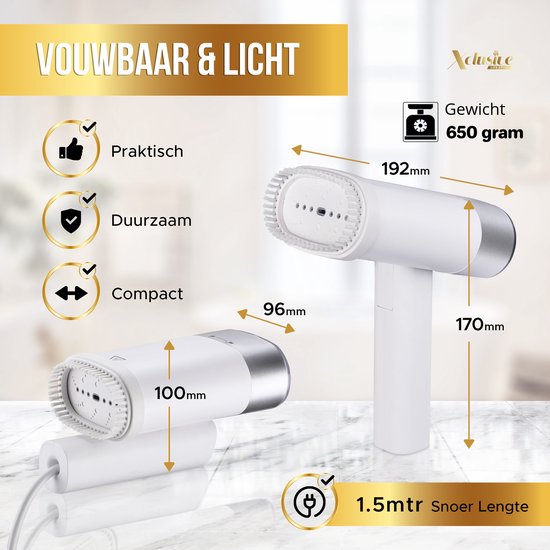 Xclusive-lifestyle® Kledingstomer – Reinigt en Ontkreukt – Uiterst Krachtig - Compact Inklapbaar – Binnen 10 sec. Opgewarmd – Kleding, Gordijnen, Meubels, Kussens, knuffels – Incl. Opberg Etui, Borstel & Kledinghaakje