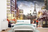 Behang - Fotobehang Schilderij - Parijs - Frankrijk - Olieverf - Breedte 330 cm x hoogte 220 cm