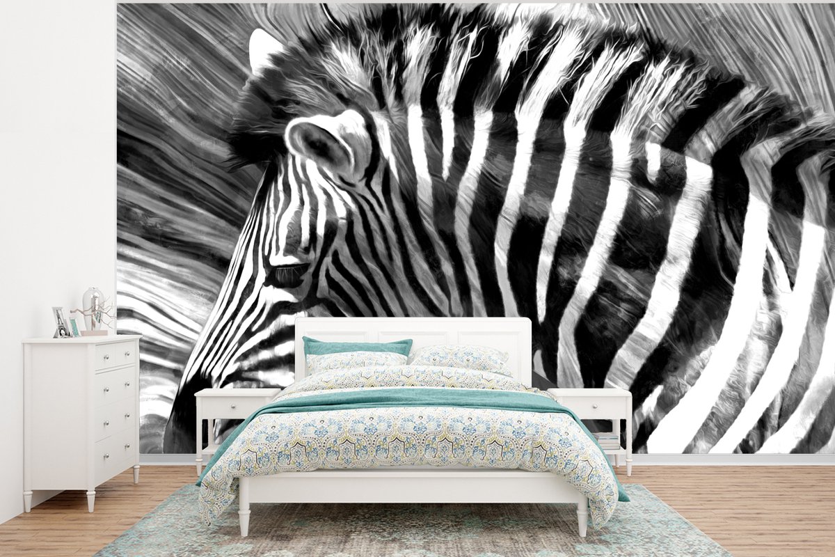 Behang - Fotobehang Schilderij - Olieverf - Zebra - Dieren - Zwart - Wit - Breedte 295 cm x hoogte 220 cm