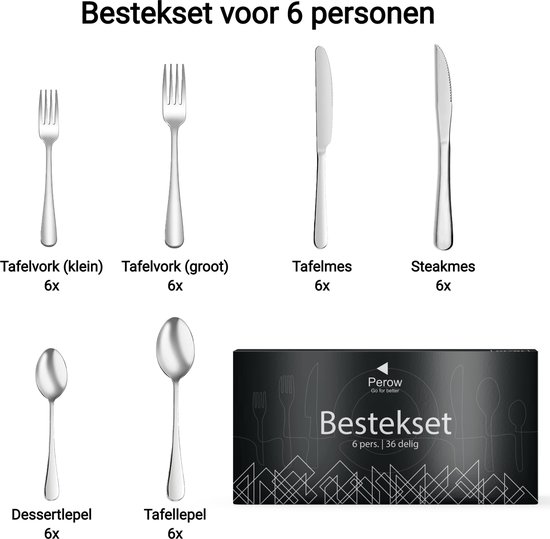 Perow 6 Persoons Bestekset – 36 Delig – 18/10 Edelstaal – Lepels, Messen, Vorken & Steakmessen – Vaatwasserbestendig – Zilver - Serviessets