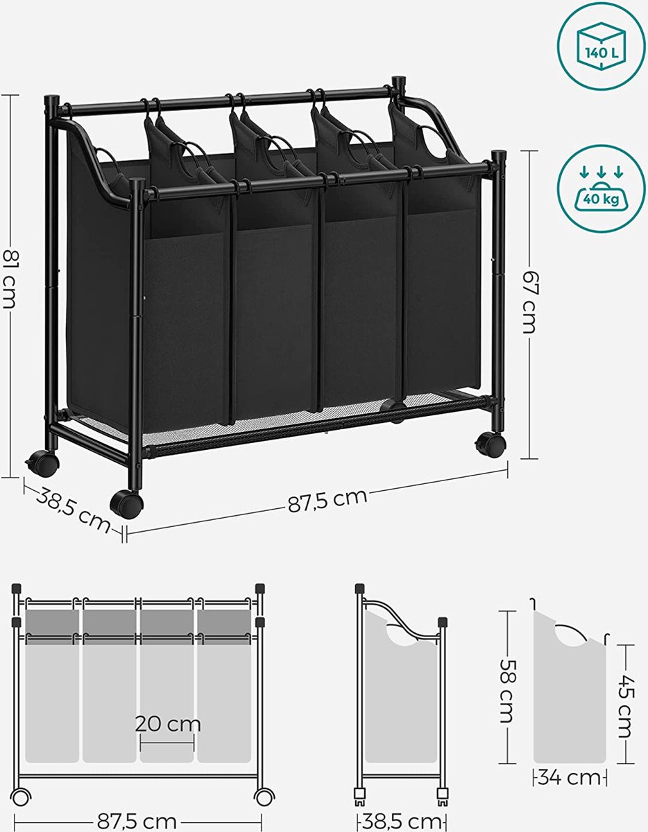 Wasmand 115 liter - waszak met 2 vakken - opvouwbaar - zwart LCB120B01