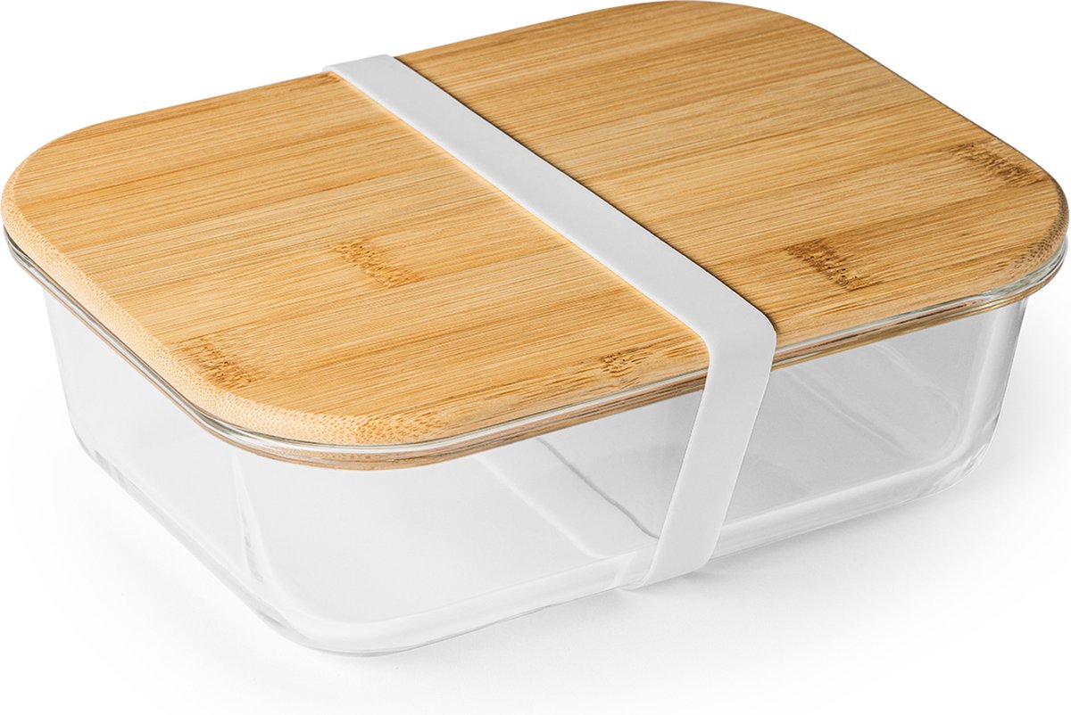 Borosilicaat glazen lunchbox met bamboe deksel model Sambal 1 liter inhoud