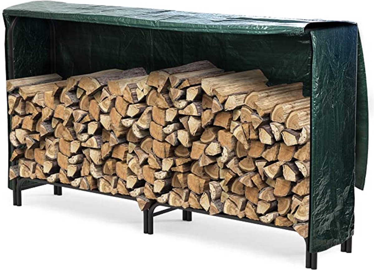 Haardhoutopslag - Houtopberging Metalen brandhoutrek buiten - opberging hout met waterdichte hoes - 200 x 116 x 36 cm - zwart
