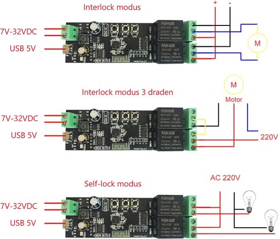 Drie schakelschema's voor printplaat met 2 relais: Interlock modus, Interlock modus 3 draden, Self-lock modus.