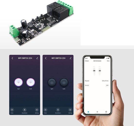 Printplaat met 2 relais, boven een smartphone met 'WiFi Switch 2CH' app en planningsinterface.
