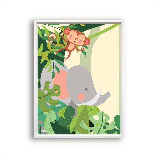 Postercity - Poster blije lachende olifant en aapje in de jungle - Jungle/Safari Dieren Poster - Kinderkamer / Babykamer - 50x40cm