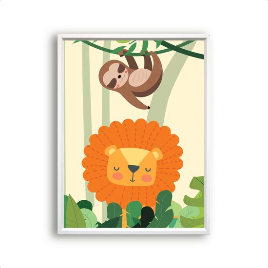 Postercity - Poster blije lachende leeuw en luiaard in de jungle - Jungle/Safari Dieren Poster - Kinderkamer / Babykamer - 30x21cm / A4