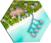 Dibond Hexagon - Bovenaanzicht van Resort met Klassieke Hutjes van de Maledieven - 50x43.5 cm Foto op Hexagon (Met Ophangsysteem)