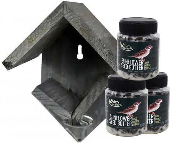 Tuinvogel Pakket Van In Round Met Een Vogelvoederhuisje En 3 Gratis Zonnebloempitten Pasta Potjes - Vogelvoer Voor Tuinvogels - Pindakaaspothouder Buitenvogels - Mezenbollen Op Paal Raamvoederhuisje Hangend Kleine Vogels Staand Vogelhuisjes Pindas