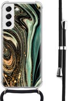 Hoesje met koord geschikt voor Samsung Galaxy S21 FE - Magic marble - Inclusief zwart koord - Crossbody beschermhoes - Transparant, Groen - Mooie Telefoonhoesjes