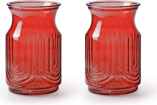 Jodeco Bloemenvazen - 2x stuks - rood/transparant glas - H20 x D12.5 cm