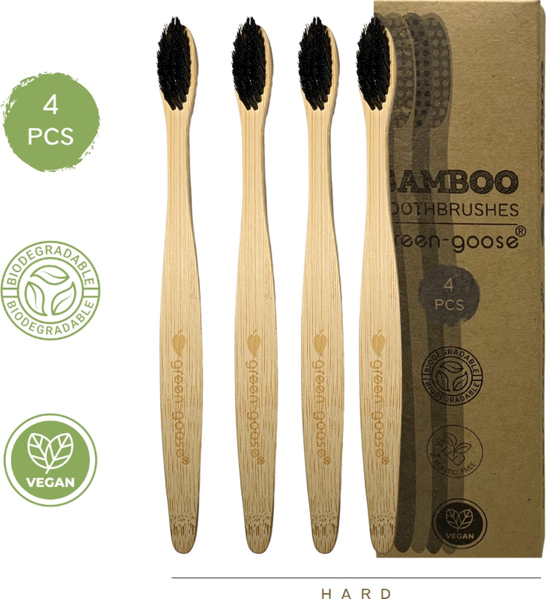 green-goose® Bamboe Tandenborstels | 4 Stuks | Hard | Duurzaam en Voordelig