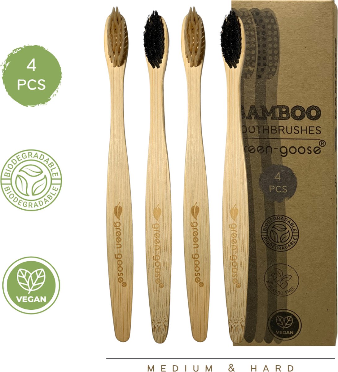 green-goose® Bamboe Tandenborstels | 4 Stuks | Medium & Hard | Duurzaam en Voordelig