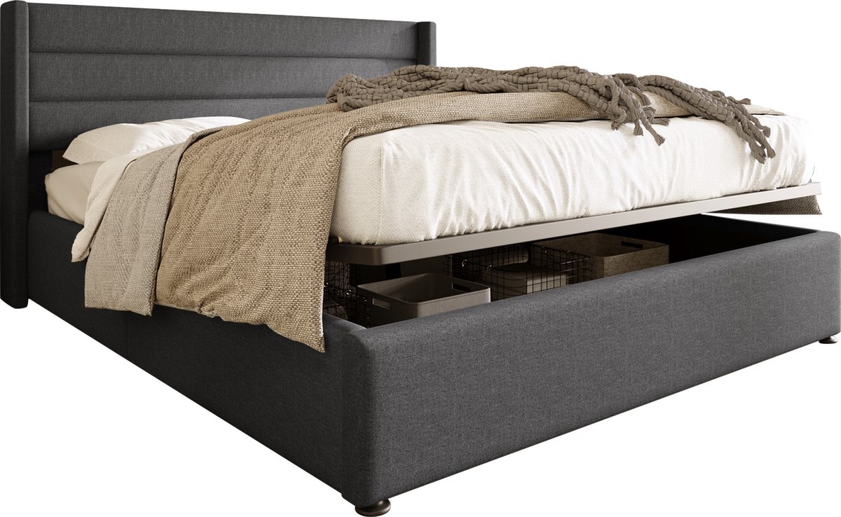 Merax Gestoffeerd Tweepersoonsbed 140 x 200 cm - Hydraulisch Bed met Lattenbodem - Grijs