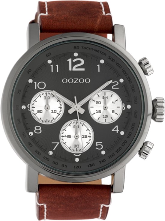 OOZOO Timepieces - Titanium horloge met bruine leren band - C10061 - Ø48