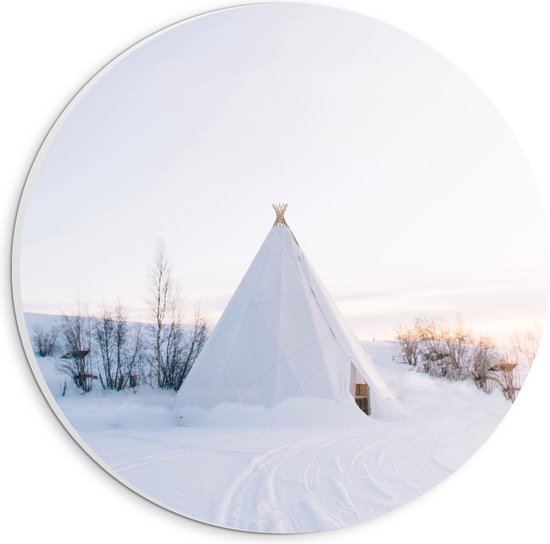 PVC Schuimplaat Muurcirkel - Tent in de Sneeuw - 20x20 cm Foto op Muurcirkel (met ophangsysteem)