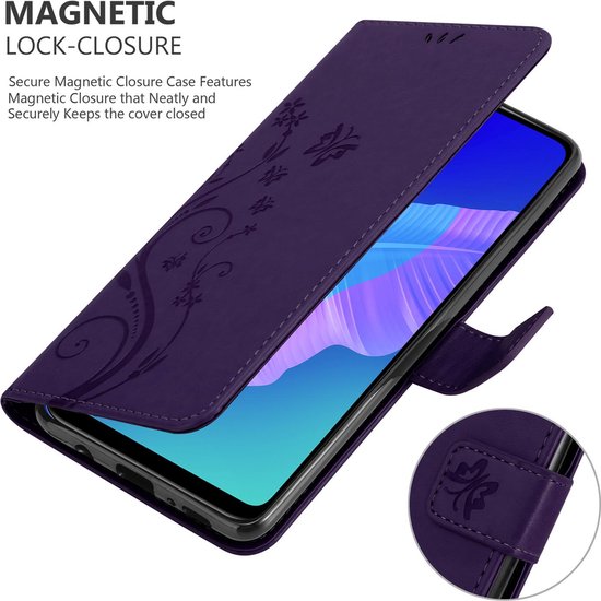 Cadorabo Hoesje geschikt voor Huawei P40 LITE E in BLOEMEN DONKER PAARS - Beschermhoes in bloemmotief met magnetische sluiting, standfunctie en kaartsleuven Book Case Cover Etui