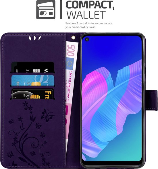 Cadorabo Hoesje geschikt voor Huawei P40 LITE E in BLOEMEN DONKER PAARS - Beschermhoes in bloemmotief met magnetische sluiting, standfunctie en kaartsleuven Book Case Cover Etui