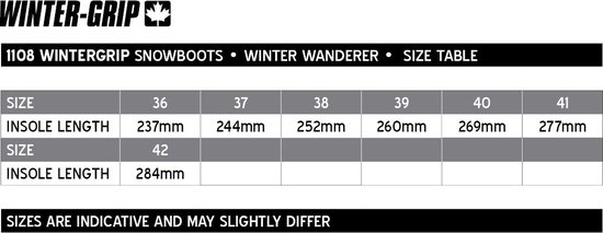 Maattabel voor Winter-grip snowboots, maten 36-42 met insole lengtes.