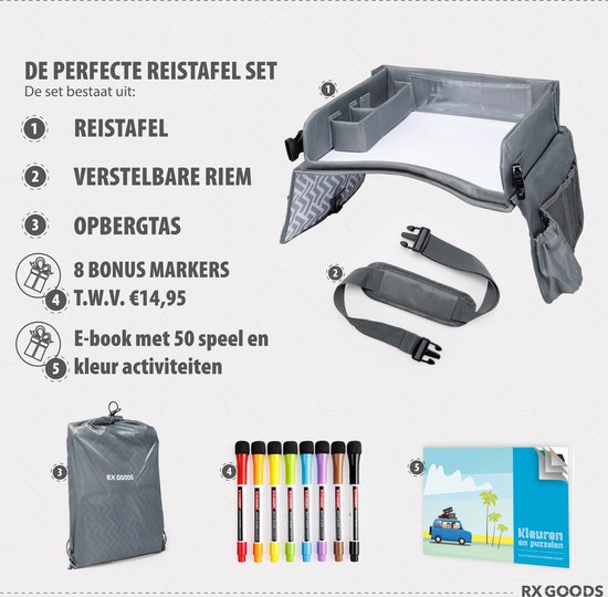 Grijze RX Goods reistafel set: tafel, verstelbare riem, opbergtas, 8 stiften en e-book met kleuractiviteiten.