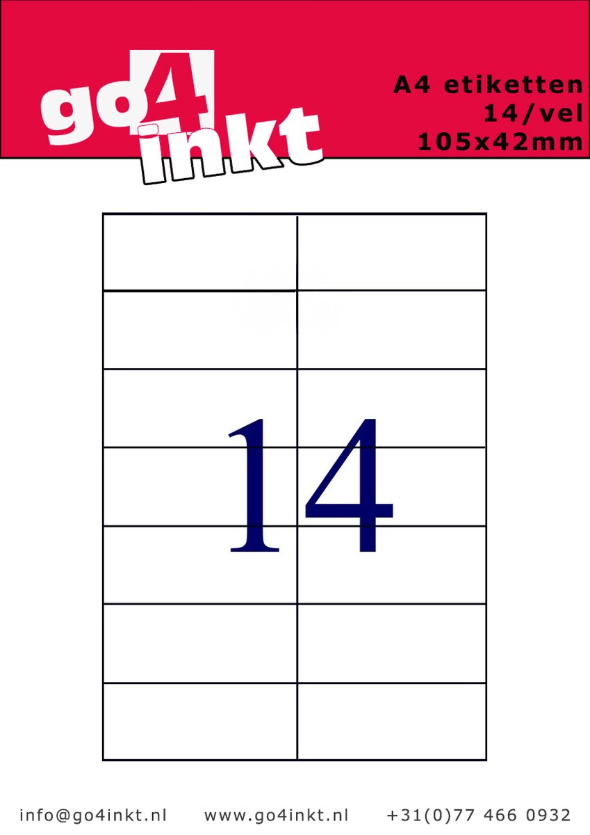 Go4inkt A4 Etiketten 14/vel 105mm x 42mm (100 vel) stickervellen wit