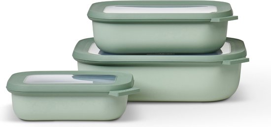 Mepal - Ensemble de 3 bols rectangulaires Mag (500+1000+2000) - Passe au congélateur, au micro-ondes et au lave-vaisselle - Sauge nordique - Plateaux de préparation de repas - Boîtes de rangement avec couvercle