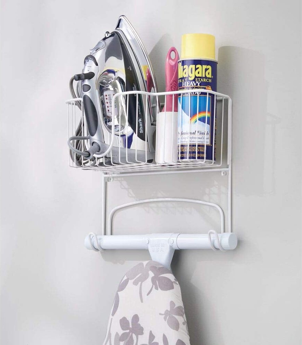 mDesign Wall Mounted Ironing Board Holder - Steel Ironing Board Stand for Easy Organization - Includes Basket for Iron Storage - White