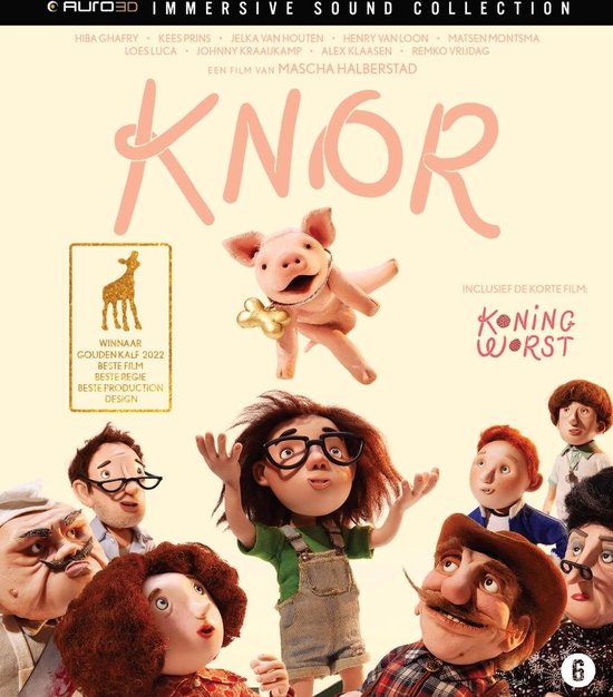 Filmposter 'Knor' met een springend varken, meisje met bril en verschillende gezichten. Tekst 'Knor' in roze en 'Koning Worst' in paars.