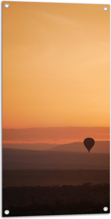 Tuinposter – Luchtballon in de Lucht tijdens Zonsopkomst - 50x100 cm Foto op Tuinposter (wanddecoratie voor buiten en binnen)